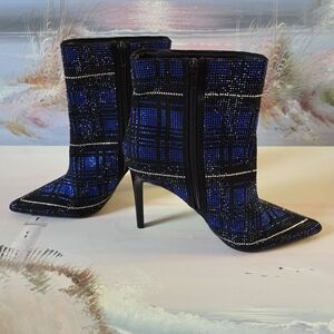 INC International Concepts Blue and Black Plaid Crystal Ankle Boots